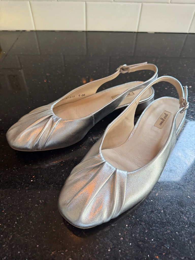Paul Green Metallic Silver Slingback Pleated Ballet Flats